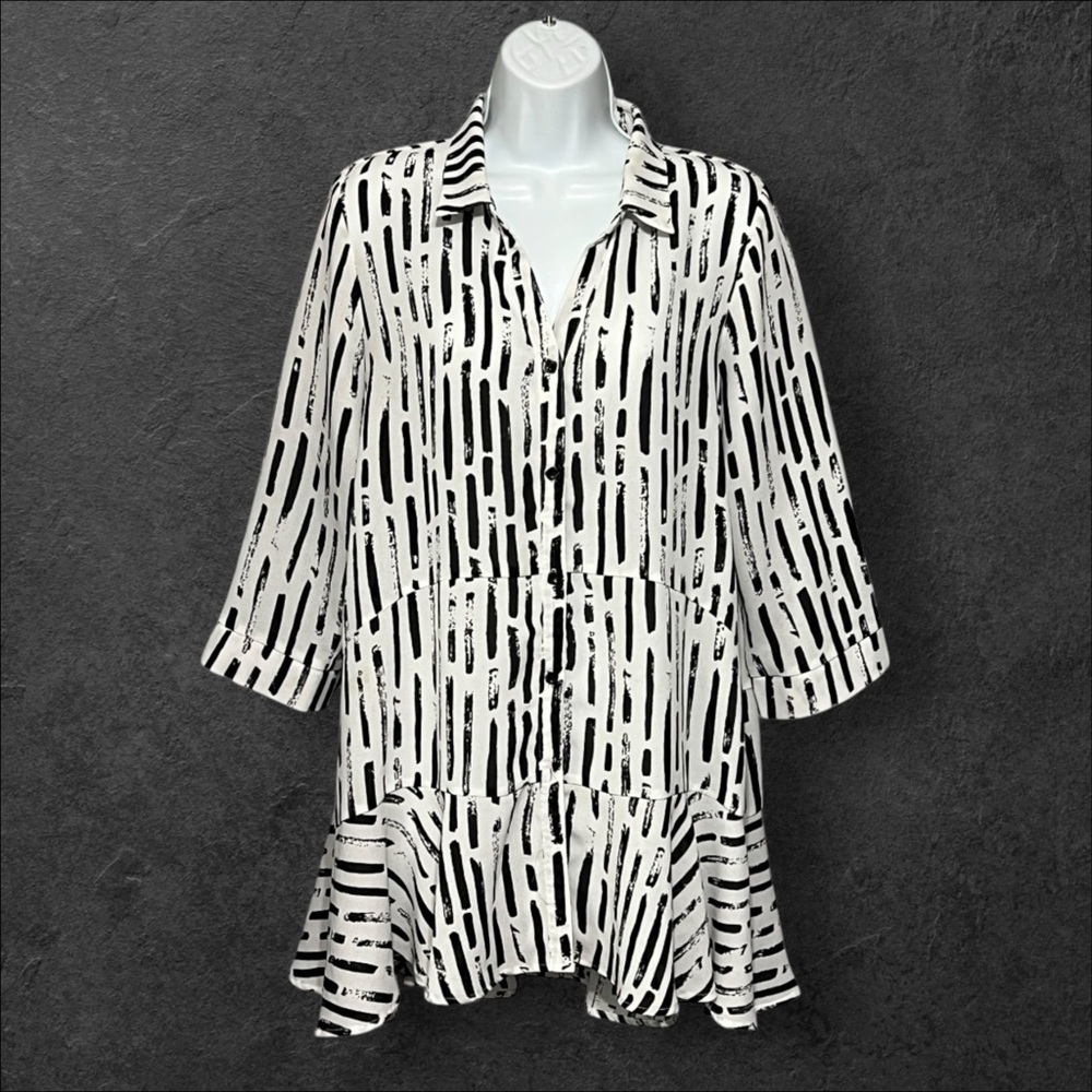 Lior Paris Donna Tunic Top Black White Abstract Long Sleeve Mini Dress Medium